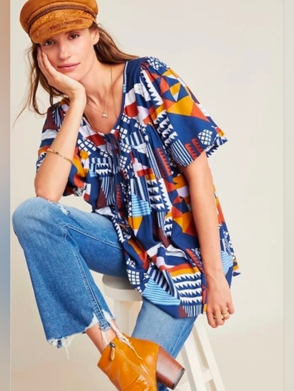 ❤️ NWOT! ANTHROPOLOGIE PORRIDGE VENTURA ABSTRACT BLUE ORANGE WHITE TOP, SMALL